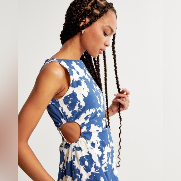 Stretch Cotton Cutout Mini Dress with side cutouts and abstract blue floral - Picture 5 of 15